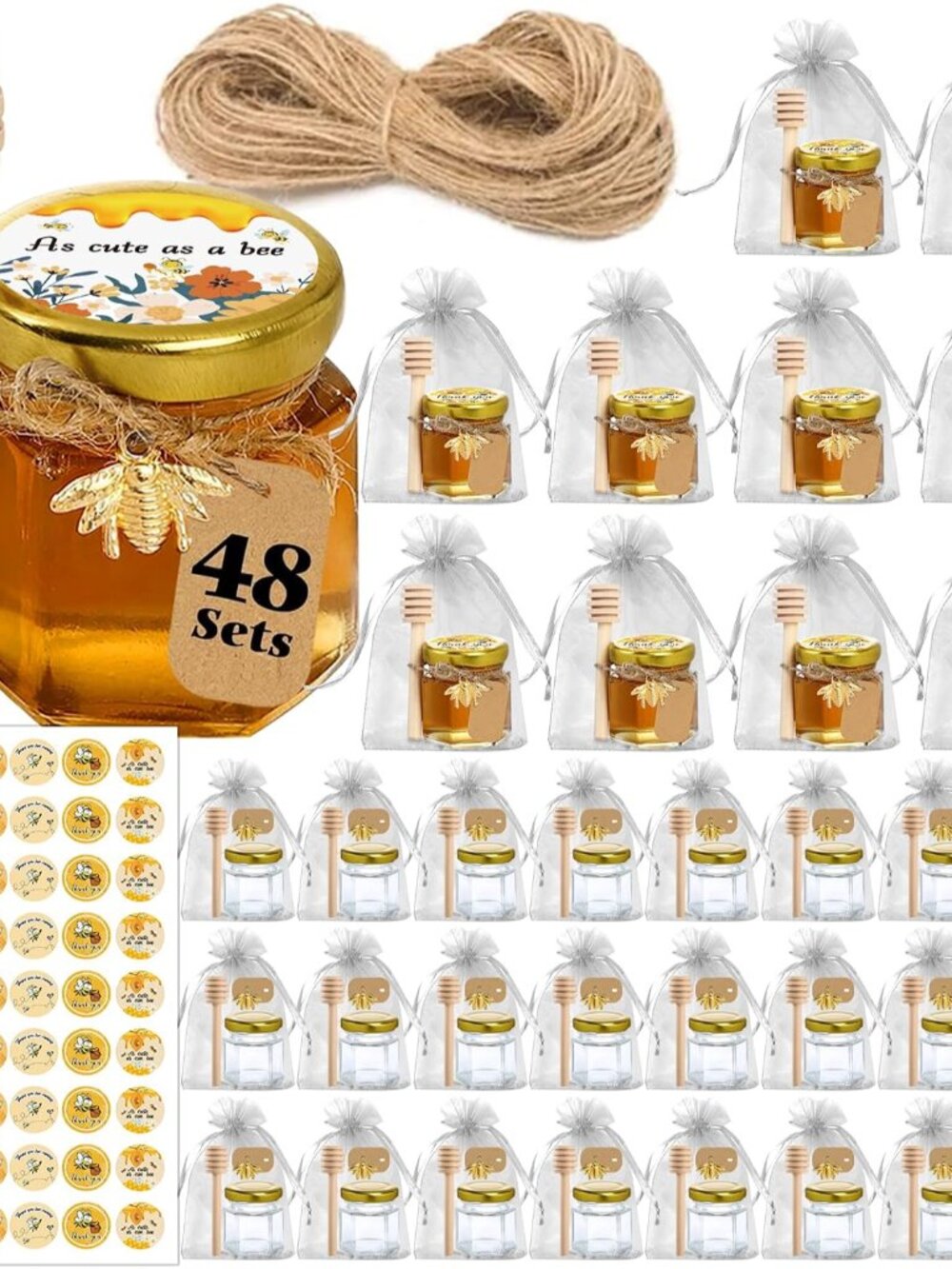 48 Pack Mini Honey Jars Party Favors in Bulk, 1.5 oz Small Hexagon Glass Honey J